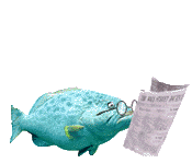 a teal fish with glasses reading a newspaper and blowing bubbles
